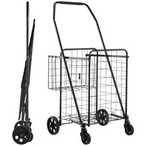 Shopping Cart, Folding Grocery Utility Cart with Dual Baskets, Waterproof Liner & Wheels, 100 LBS Large Load Capacity, Heavy Duty Laundry Basket for Laundry, Shopping, Camping, Grocery, Luggage