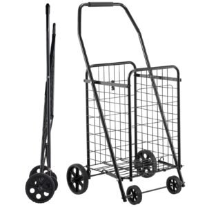 Shopping Cart, Folding Grocery Utility Cart with Swivel Wheels, 90 LBS Large Load Capacity, Heavy Duty Rolling Laundry Basket Butler for Laundry, Shopping, Camping, Grocery, Luggage, Black