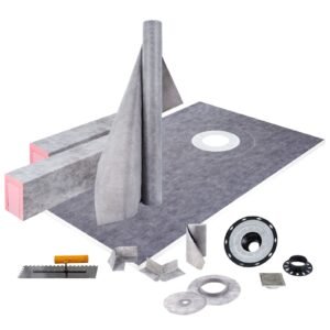 Shower Curb Kit, 38"x60" Watertight Shower Curb Overlay with 4" ABS Offset Bonding Flange, 4" Stainless Steel Grate, 2 Cuttable Shower Curb and Trowel, Shower Pan Slope Sticks Fit for Bathro