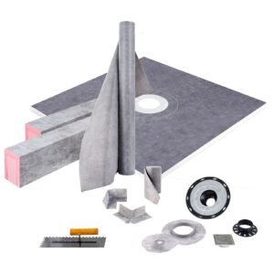 Shower Curb Kit, 48"x48" Watertight Shower Curb Overlay with 4" ABS Central Bonding Flange, 4" Stainless Steel Grate, 2 Cuttable Shower Curb and Trowel, Shower Pan Slope Sticks Fit for Bathr