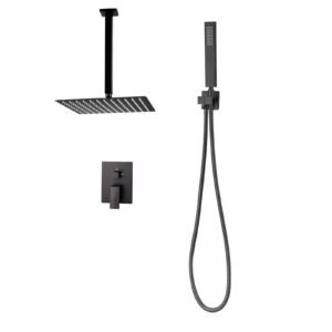 Shower Faucet Set, Rainfall Bathroom Shower System with 10-Inch Square Rain Shower Head and Handheld Spray, Ceiling Mount Bath Fixtures with Brass Valve and Trim Kit, Matte Black
