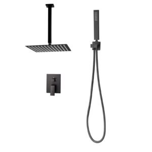 Shower Faucet Set, Rainfall Bathroom Shower System with 12-Inch Square Rain Shower Head and Handheld Spray, Ceiling Mount Bath Fixtures with Brass Valve and Trim Kit, Matte Black