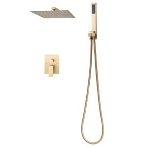 Shower Faucet Set, Rainfall Bathroom Shower System with 12-Inch Square Rain Shower Head and Handheld Spray, Wall Mounted Bath Fixtures with Brass Valve and Trim Kit, Brushed Gold