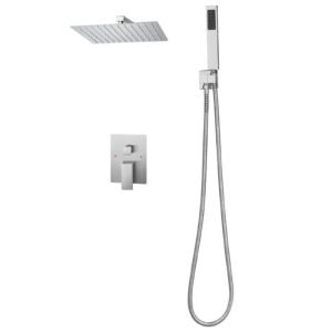 Shower Faucet Set, Rainfall Bathroom Shower System with 12-Inch Square Rain Shower Head and Handheld Spray, Wall Mounted Bath Fixtures with Brass Valve and Trim Kit, Brushed Nickel