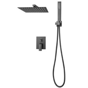 Shower Faucet Set, Rainfall Bathroom Shower System with 12-Inch Square Rain Shower Head and Handheld Spray, Wall Mounted Bath Fixtures with Brass Valve and Trim Kit, Matte Black
