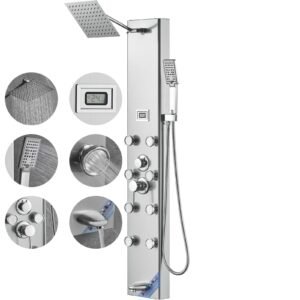 Shower Panel System, 5 Shower Modes, Digital Display Shower Panel Tower, Rainfall, 8 Massage Jets, Tub Spout, 3-Setting Handheld Shower Head 59" Hose, Stainless Steel Wall-Mounted Shower Set