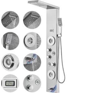 Shower Panel System, 6 Shower Modes, LED & Display Shower Panel Tower, Rainfall, Waterfall, 4 Body Massage Jets, Tub Spout, Handheld Shower Head 59" Hose, Stainless Steel Wall-Mounted Shower Set