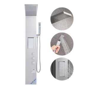 Shower Panel Tower System with Rainfall Shower Head, 53 in Brushed Stainless Steel Shower Column, 3-Function Faucet, High Pressure Wall-Mount Rain Massage System, with Large Body Jet, Handheld