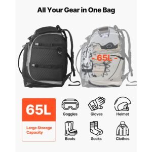 ski boot bag, 65l, snowboard boots travel backpack for men women, with waterproof exterior & bottom, durable 1680d oxford, bag for skis, snowboard, helmet, goggles, gloves, accessories (black).