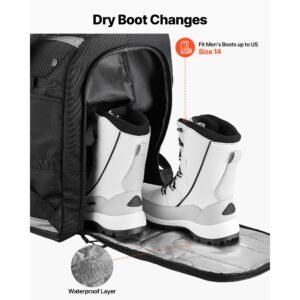 ski boot bag, 65l, snowboard boots travel backpack for men women, with waterproof exterior & bottom, durable 1680d oxford, bag for skis, snowboard, helmet, goggles, gloves, accessories (black).