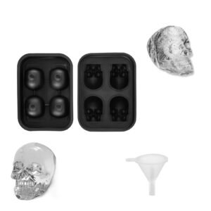 Skull Ice Cube Tray, 4-Grid Skull Ice Ball Maker, Flexible Black Silicone Ice Tray with Lid & Funnel, Funny Skull Ice Cubes 1.6"x1.8" Each for Beverage, Chocolate, etc. on Parties & Holidays