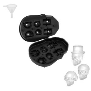 Skull Ice Cube Tray, 6-Grid Skull Ice Ball Maker, Flexible Black Silicone Ice Tray with Lid & Funnel, Skull Ice Cubes in 3 Distinct Patterns for Beverages & Chocolates on Parties & Holidays