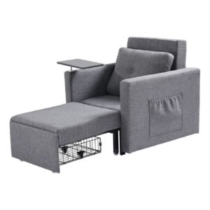 Sleeper Sofa Bed, Convertible Sleeper Bed with Side Pocket, Pillow, Armrest and Desk Board, 5 Adjustable Angles Backrest, Single Pull Out Sofa Couch with 2 Wheels and Bottom Storage, Gray