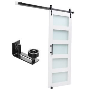 Sliding Barn Door, 30 x 84 inch, High-Strength MDF Panel and Glass, Barn Door with Hardware Kit, Water-Proof PVC Surface, Easy to Install, H-Frame, Smoothly and Quietly Sliding for Living Room