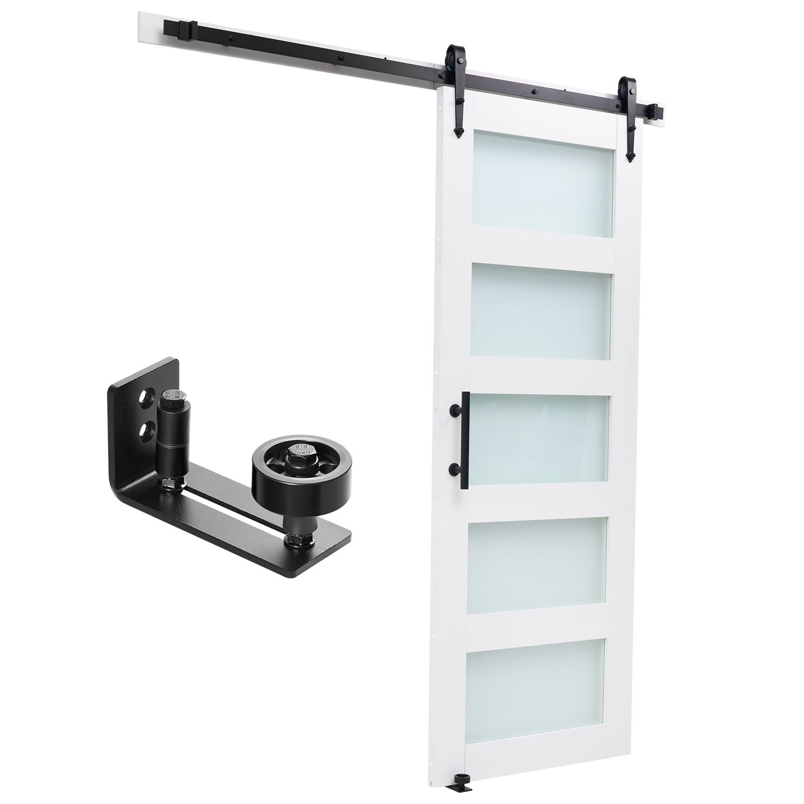 sliding barn door, 30 x 84 inch, high strength mdf panel and glass, barn door with hardware kit, water proof pvc surface, easy to install, h frame, smoothly and quietly sliding for living room