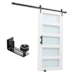 Sliding Barn Door, 42 x 84 inch, High-Strength MDF Panel and Glass, Barn Door with Hardware Kit, Water-Proof PVC Surface, Easy to Install, H-Frame, Smoothly and Quietly Sliding for Living Room