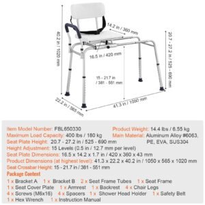 sliding tub transfer bench, height adjustable bathtub transfer bench with cut out seat, reversible backrest & safety belt, non slip shower chair for elderly disabled handicap, 400lbs capacity