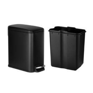 Slim Bathroom Trash Can, 11.4 x 5.71 x 10.7 Inch Small Bedroom Trashcan with Step Pedal & Soft Close Lid, 6L Steel Garbage Can with Detachable Inner Bin, for Kitchen, Home, Dorm, Office, Black