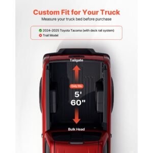 soft roll up truck bed tonneau cover, compatible with 2024 2025 toyota tacoma (excl. trail edition) with deck rail system, fits 5 ft (60 in) bed, pvc tonneau cover with three aluminum alloy bars