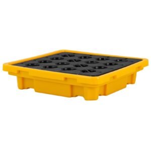 spill containment pallet 1 drum low profile spill containment modular platform 114 gallon sump 1543 lbs load capacity heavy duty polyethylene tray with drain 264 x 266 x 59 yellow.jpg