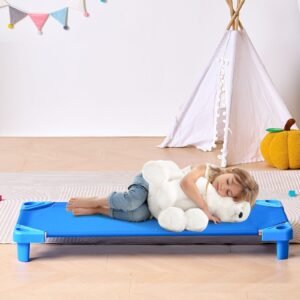 stackable kiddie cot, pack of 6, portable toddler nap cots, standard size 52" l x 23" w daycare cots for kids, preschool classroom daycare beds for sleeping, resting, naptime, blue