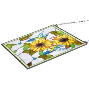 Stained Glass Window Panel, 20 x 20 in, Tiffany Style Hanging Transom Window Panel with Chain, Large Vertical Rectangle Stain Glass, Vintage Traditional Art Handcrafts for Kitchen Home Decor