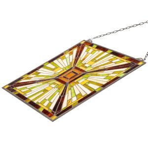 Stained Glass Window Panel, 20 x 21 in, Tiffany Style Hanging Transom Window Panel with Chain, Large Vertical Rectangle Stain Glass, Vintage Traditional Art Handcrafts for Kitchen Home Decor