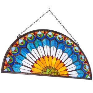 Stained Glass Window Panel, 36 x 18 in, Tiffany Style Hanging Transom Window Panel with Chain, Large Half-Round Stain Glass Hanging, Vintage Traditional Art Handcrafts for Kitchen Home Decor