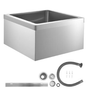 Stainless Steel Floor Mop Sink, 24 x 24 x 13 in, 304 Stainless Steel, with 3-in-1 Filter and Wall-Mounted Bracket, X-Shaped Groove for Quick and Smooth Drainage, for Balcony and Bathroom