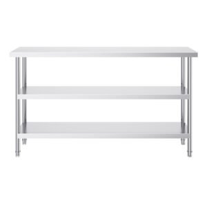 Stainless Steel Food Prep Table, 14 x 60 x 34 Inch Commercial Kitchen Worktable, with 2 Adjustable Undershelf, Heavy Duty Prep Table Metal Work Table for BBQ, Kitchen, Home, and Garage