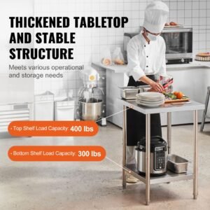 Stainless Steel Prep Table, 24 x 24 x 34 Inch, 700 lbs Load Capacity, Heavy Duty Metal Worktable with 3 Adjustable Height Levels, Commercial Workstation for Kitchen Garage Restaurant Backyard