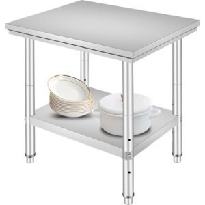 Stainless Steel Prep Table, 24 x 30 x 31 Inch, 700 lbs Load Capacity, Heavy Duty Metal Worktable with 3 Adjustable Height Levels, Commercial Workstation for Kitchen Garage Restaurant Backyard