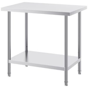Stainless Steel Prep Table, 24 x 36 x 34 Inch, 750 lbs Load Capacity, Heavy Duty Metal Worktable with 3 Adjustable Height Levels, Commercial Workstation for Kitchen Garage Restaurant Backyard