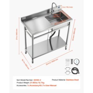 Stainless Steel Utility Sink, Free Standing Single Bowl Commercial Kitchen Sink with Faucet, 39.4 x 19.7 x 37 in, Utility Left Basin with Hot & Cold Water Pipe for Garage, Restaurant, Laundry