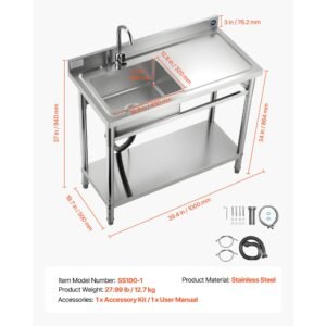 stainless steel utility sink free standing single bowl commercial kitchen sink with faucet 394 x 197 x 37 in utility right basin with hot cold water pipe for garage restaurant laundry 4.jpg