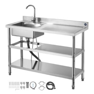 Stainless Steel Utility Sink, Free Standing Single Bowl Commercial Kitchen Sink with Faucet and Hot & Cold Water Pipe, Dual Storage Shelves for Garage, Restaurant, Laundry, 47.2 x 19.7 x 37 in