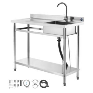Stainless Steel Utility Sink, Free Standing Single Bowl Commercial Kitchen Sink with Faucet, Utility Left Basin Workbench with Hot & Cold Water Pipe for Garage Restaurant Laundry, 47x19.7x37 in