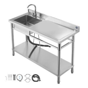 Stainless Steel Utility Sink, Free Standing Single Bowl Commercial Kitchen Sink with Faucet, Utility Right Basin Workbench with Hot & Cold Water Pipe for Garage Restaurant Laundry, 47x19.7x37 in