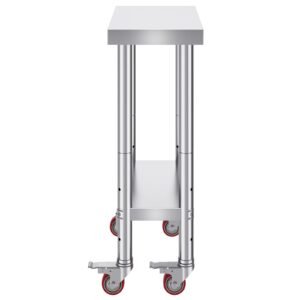 Stainless Steel Work Table 12 x 24 x 34 Inch, 700 LBS Load Capacity with 4 Wheels, 3 Adjustable Height Levels, Heavy Duty Food Prep Worktable for Commercial Kitchen Restaurant, Silver
