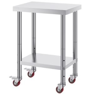 stainless steel work table 24 x 18 x 34 inch, 700 lbs load capacity with 4 wheels, 3 adjustable height levels, heavy duty food prep worktable for commercial kitchen restaurant, silver