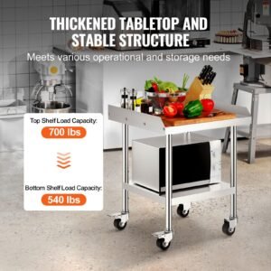 stainless steel work table 24 x 24 x 30 inch commercial food prep worktable with 4 wheels casters 3 sided backsplash heavy duty prep worktable metal work table for restaurant home hotel 5.jpg