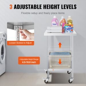 stainless steel work table 24 x 24 x 38 inch 700 lbs load capacity with 4 wheels 3 adjustable height levels heavy duty food prep worktable for commercial kitchen restaurant silver 4.jpg