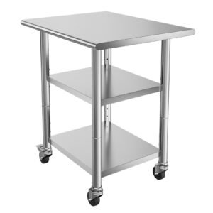 stainless steel work table 24x30 inch food prep table with 2 shelves and wheels commercial kitchen workstation metal heavy duty utility worktable for restaurant home hotel garage outdoor.jpg