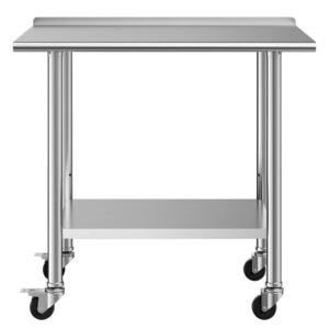 Stainless Steel Work Table, 24x36 inch Food Prep Table with Wheels and Backsplash, Commercial Kitchen Workstation with Adjustable Undershelf, Metal Utility Worktable, for Restaurant Home Outdoor