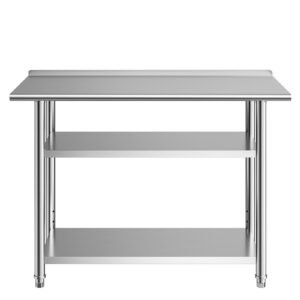Stainless Steel Work Table, 24x48 Inch Food Prep Table with 2 Shelves and Backsplash, Commercial Kitchen Workstation, Metal Heavy Duty Utility Worktable, for Restaurant Home Hotel Garage Outdoor