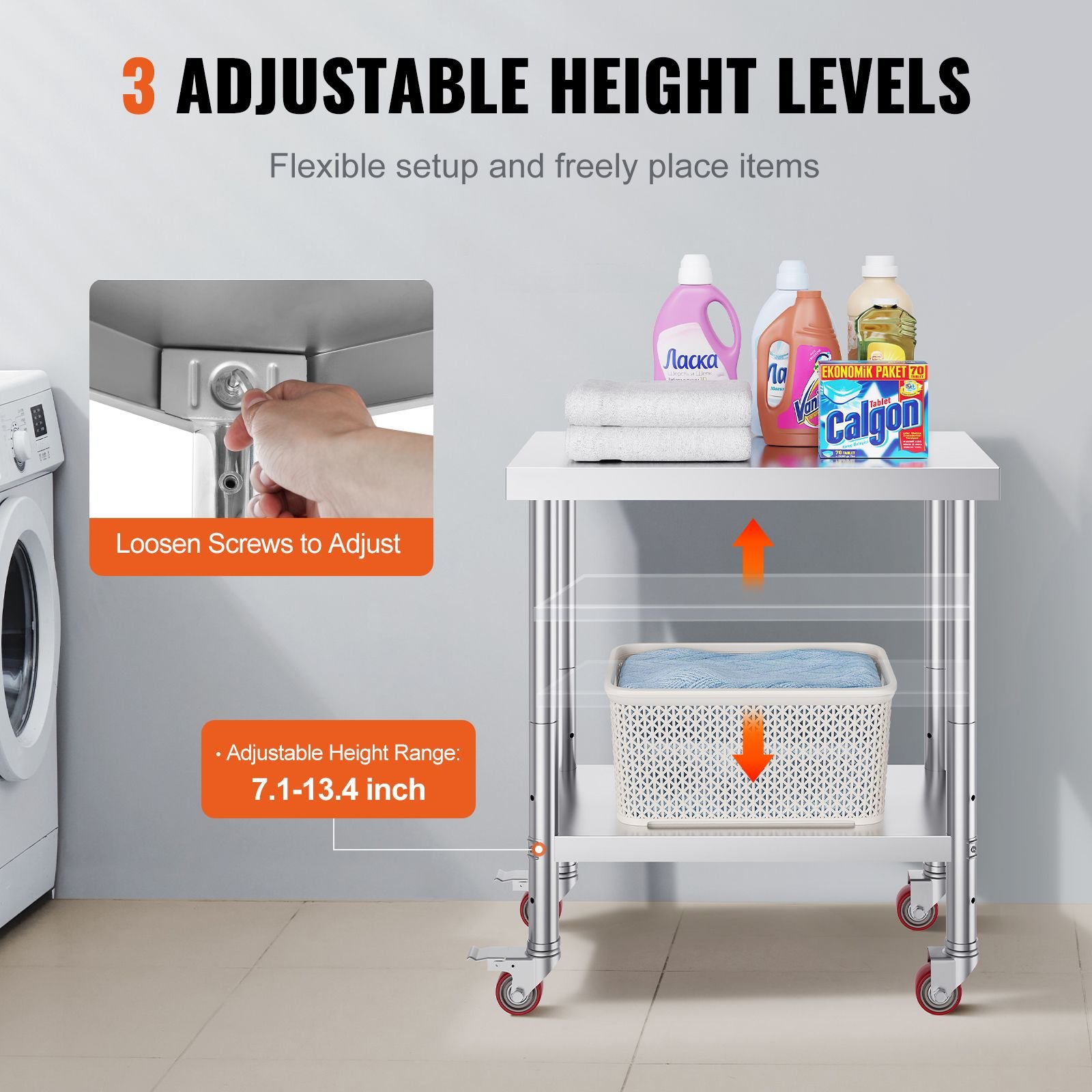 stainless steel work table 30 x 18 x 34 inch 700 lbs load capacity with 4 wheels 3 adjustable height levels heavy duty food prep worktable for commercial kitchen restaurant silver.jpg