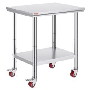 Stainless Steel Work Table 30 x 24 x 33 Inch, 700 LBS Load Capacity with 4 Wheels, 3 Adjustable Height Levels, Heavy Duty Food Prep Worktable for Commercial Kitchen Restaurant, Silver