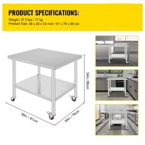 stainless steel work table 36 x 30 x 34 inch 700 lbs load capacity with 4 wheels 3 adjustable height levels heavy duty food prep worktable for commercial kitchen restaurant silver 2.jpg