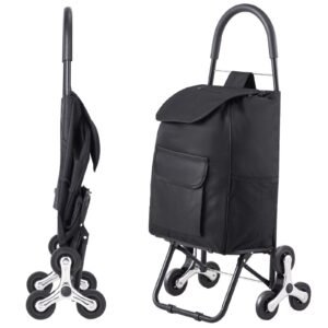Stair Climber Trolley Dolly, 36L Folding Shopping Cart, Grocery Cart Trolley Laundry Stair Climbing Handcart with 6 Wheels & Oxford Cloth Bag, Foldable Cart for Shopping Grocery Laundry, Black