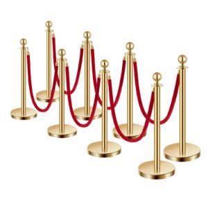 Stanchions and Velvet Ropes 8Pcs, Hollow Base with Stainless Steel Post, 6 Red Velvet Ropes and Posts, Crowd Control Barriers Gold Stanchions, Red Carpet Runner Poles for Party Supplies